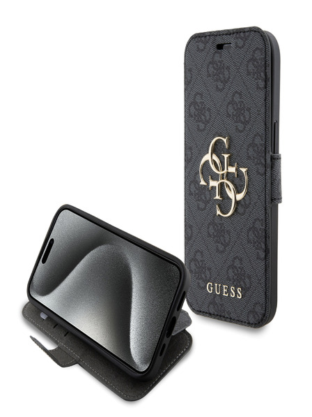 Guess PU Leather 4G Metal Logo Book iPhone 15 Grey Ovitek