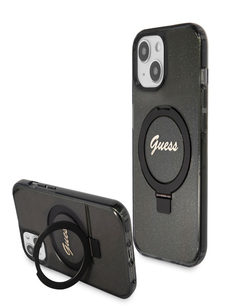 Guess IML Ring Stand Glitter MagSafe Zadní Kryt pro iPhone 15 Black Ovitek za telefon