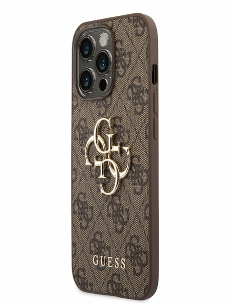 Guess PU 4G Metal Logo Zadní Kryt pro iPhone 14 Pro Brown Ovitek za telefon