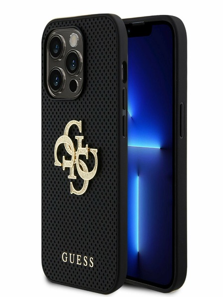 Guess PU Perforated 4G Glitter Metal Logo Zadní Kryt pro iPhone 15 Pro Max Black Ovitek za telefon