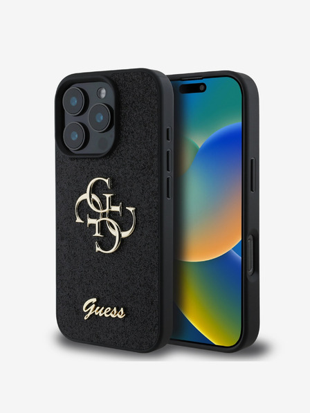 Guess PU Fixed Glitter 4G Metal Logo Zadní Kryt pro iPhone 16 Pro Max Black Ovitek za telefon