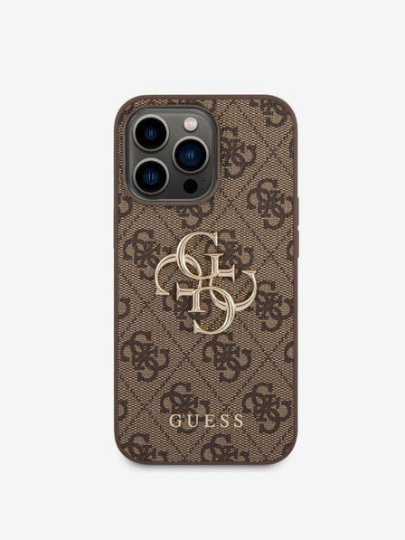 Guess PU 4G Metal Logo Zadní Kryt pro iPhone 14 Pro Max Brown Ovitek za telefon