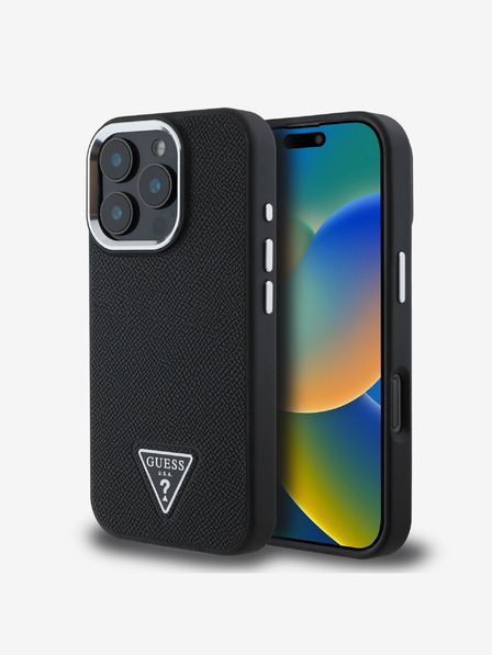 Guess PU Grained Triangle Logo Zadní Kryt pro iPhone 16 Pro Max Black Ovitek za telefon