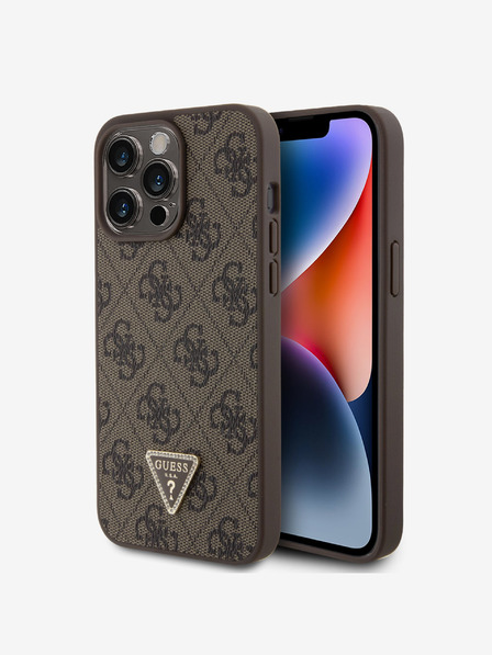 Guess PU 4G Strass Triangle Metal Logo Zadní Kryt pro iPhone 15 Pro Max Brown Ovitek za telefon