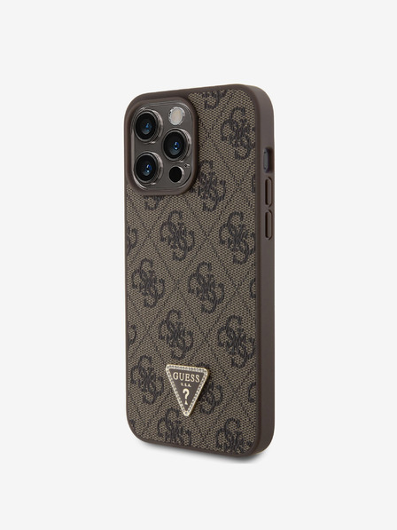 Guess PU 4G Strass Triangle Metal Logo Zadní Kryt pro iPhone 15 Pro Max Brown Ovitek za telefon