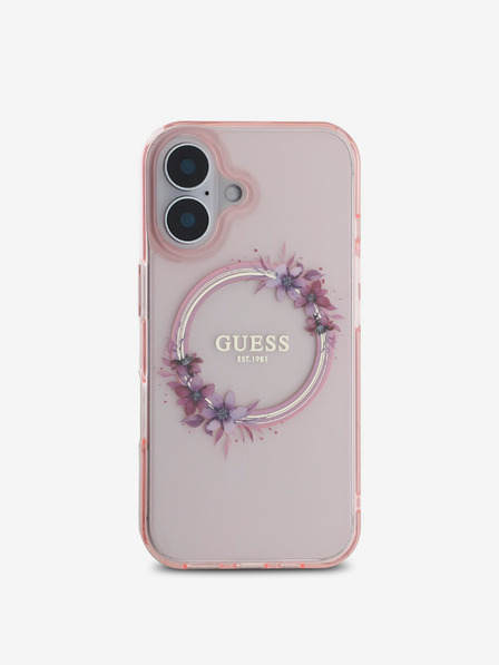 Guess IML Flowers Ring MagSafe Zadní Kryt pro iPhone 16 Pink Ovitek za telefon