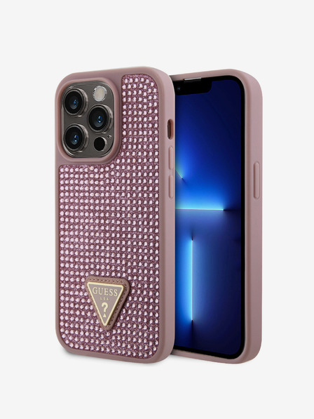 Guess Rhinestones Triangle Metal Logo Kryt pro iPhone 15 Pro Pink Ovitek za telefon