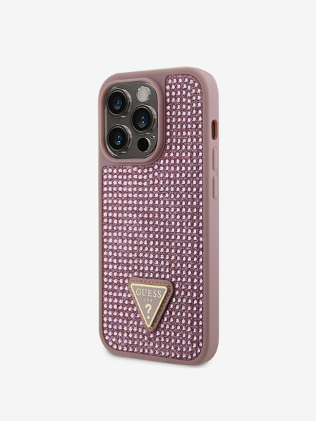 Guess Rhinestones Triangle Metal Logo Kryt pro iPhone 15 Pro Pink Ovitek za telefon