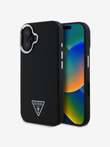 Guess PU Grained Triangle Logo Zadní Kryt pro iPhone 16 Black Ovitek za telefon