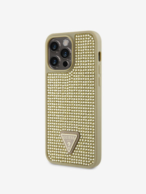 Guess Rhinestones Triangle Metal Logo Kryt pro iPhone 14 Pro Max Gold Ovitek za telefon