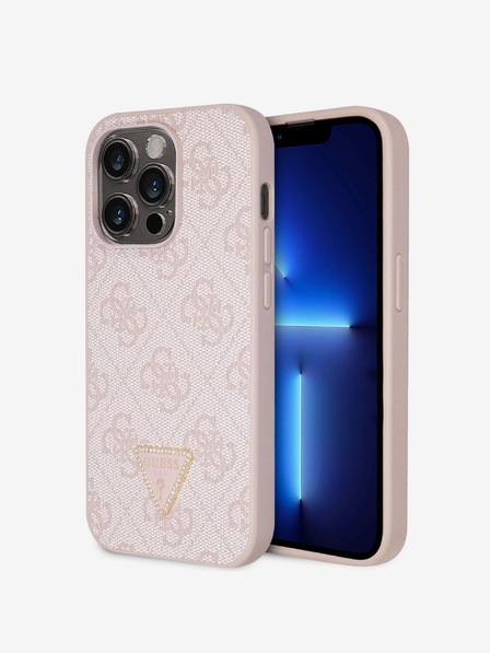 Guess PU 4G Strass Triangle Metal Logo Zadní Kryt pro iPhone 15 Pro Pink Ovitek za telefon