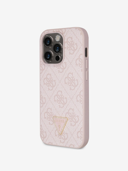 Guess PU 4G Strass Triangle Metal Logo Zadní Kryt pro iPhone 15 Pro Pink Ovitek za telefon