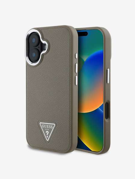 Guess PU Grained Triangle Logo Zadní Kryt pro iPhone 16 Brown Ovitek za telefon