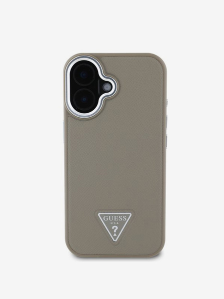 Guess PU Grained Triangle Logo Zadní Kryt pro iPhone 16 Brown Ovitek za telefon