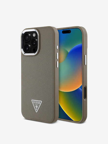 Guess PU Grained Triangle Logo Zadní Kryt pro iPhone 16 Pro Brown Ovitek za telefon