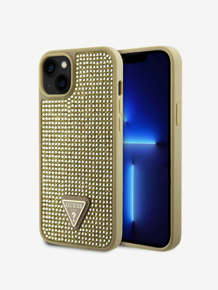 Guess Rhinestones Triangle Metal Logo Kryt pro iPhone 15 Gold Ovitek za telefon