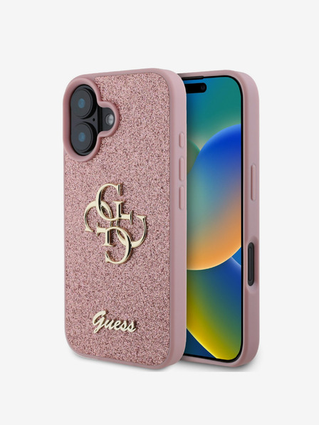 Guess PU Fixed Glitter 4G Metal Logo Zadní Kryt pro iPhone 16 Pink Ovitek za telefon