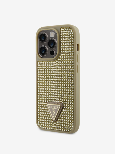 Guess Rhinestones Triangle Metal Logo Kryt pro iPhone 15 Pro Gold Ovitek za telefon