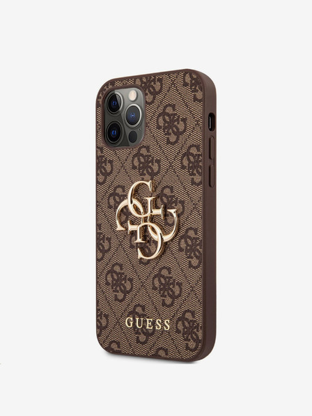 Guess PU 4G Metal Logo Zadní Kryt pro iPhone 12/12 Pro Brown Ovitek za telefon