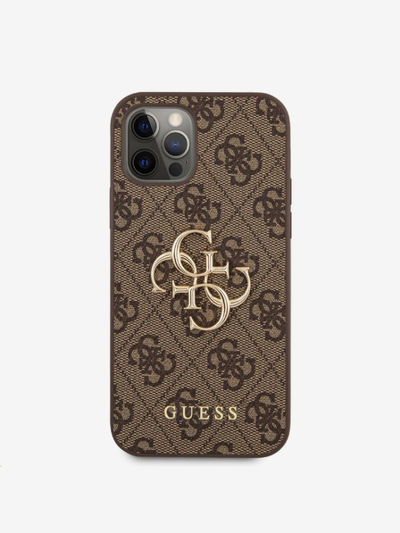 Guess PU 4G Metal Logo Zadní Kryt pro iPhone 12/12 Pro Brown Ovitek za telefon