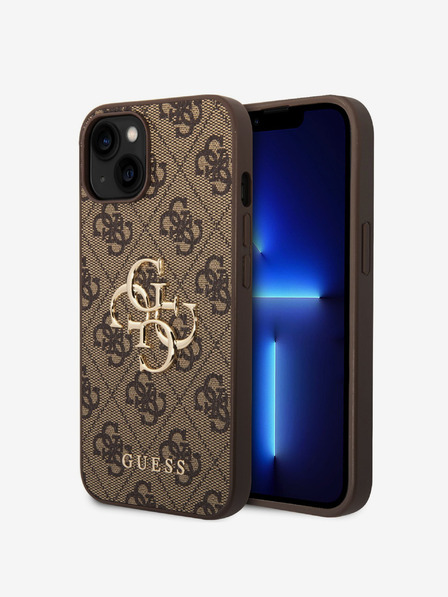 Guess PU 4G Metal Logo Zadní Kryt pro iPhone 15 Brown Ovitek za telefon