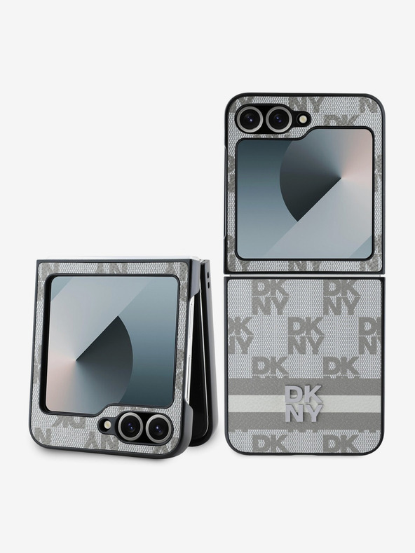 DKNY PU Leather Checkered Pattern and Stripe Zadní Kryt pro Samsung Galaxy Z Flip 6 Beige Ovitek za telefon