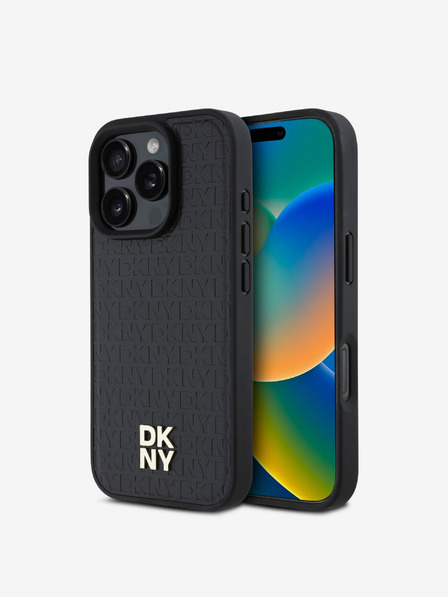 DKNY PU Leather Repeat Pattern Stack Logo MagSafe Zadní Kryt pro iPhone 16 Pro Black Ovitek za telefon