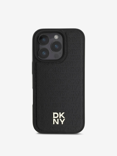 DKNY PU Leather Repeat Pattern Stack Logo MagSafe Zadní Kryt pro iPhone 16 Pro Black Ovitek za telefon