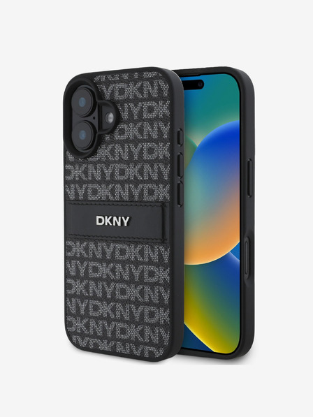 DKNY PU Leather Repeat Pattern Tonal Stripe Zadní Kryt pro iPhone 16 Black Ovitek za telefon