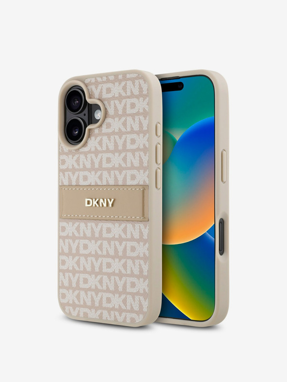 DKNY PU Leather Repeat Pattern Tonal Stripe Zadní Kryt pro iPhone 16 Pink Ovitek za telefon