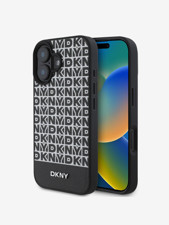 DKNY PU Leather Repeat Pattern Bottom Stripe MagSafe Zadní Kryt pro iPhone 16 Black Ovitek za telefon