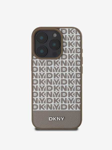 DKNY PU Leather Repeat Pattern Bottom Stripe MagSafe Zadní Kryt pro iPhone 16 Pro Max Brown Ovitek za telefon