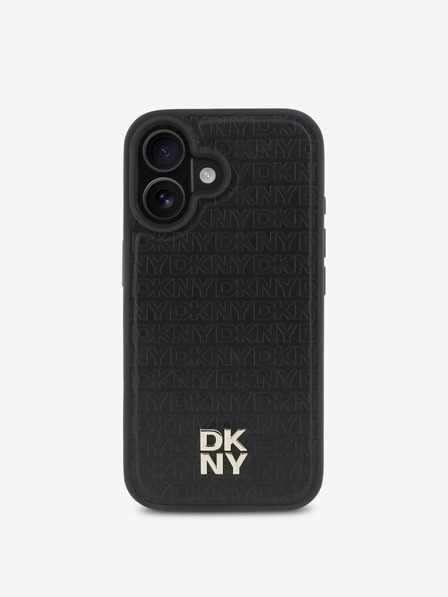 DKNY PU Leather Repeat Pattern Stack Logo MagSafe Zadní Kryt pro iPhone 16 Plus Black Ovitek za telefon