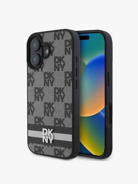 DKNY PU Leather Checkered Pattern and Stripe Zadní Kryt pro iPhone 16 Black Ovitek za telefon