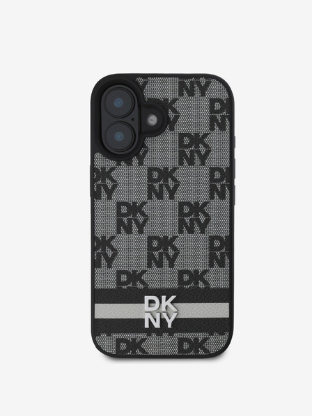 DKNY PU Leather Checkered Pattern and Stripe Zadní Kryt pro iPhone 16 Black Ovitek za telefon