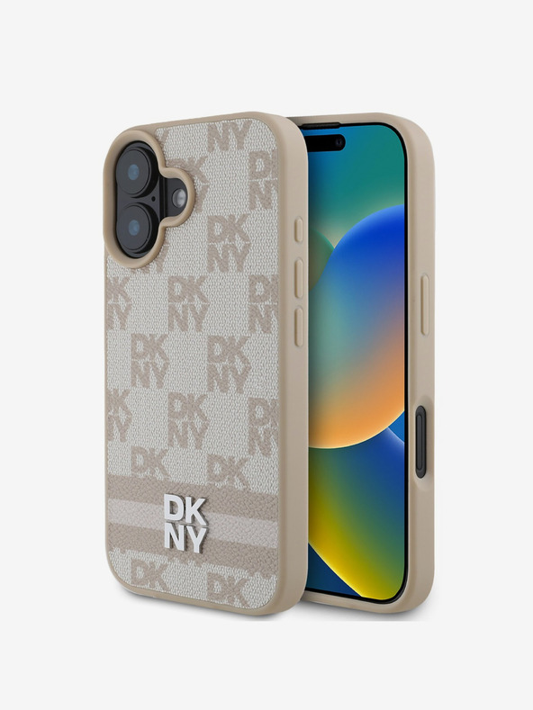 DKNY PU Leather Checkered Pattern and Stripe Zadní Kryt pro iPhone 16 Pink Ovitek za telefon