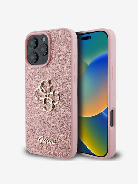 Guess PU Fixed Glitter 4G Metal Logo Zadní Kryt pro iPhone 16 Pro Max Pink Ovitek za telefon