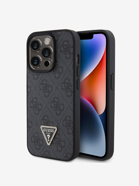 Guess PU 4G Strass Triangle Metal Logo Zadní Kryt pro iPhone 15 Pro Black Ovitek za telefon