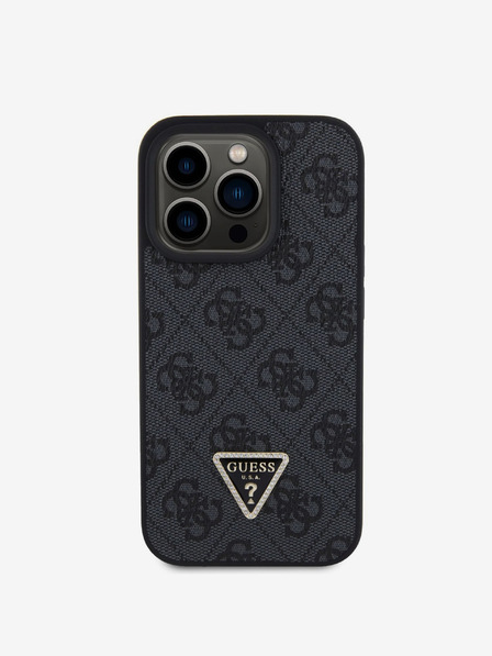 Guess PU 4G Strass Triangle Metal Logo Zadní Kryt pro iPhone 15 Pro Black Ovitek za telefon