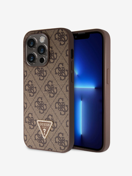 Guess PU 4G Strass Triangle Metal Logo Zadní Kryt pro iPhone 15 Pro Brown Ovitek za telefon