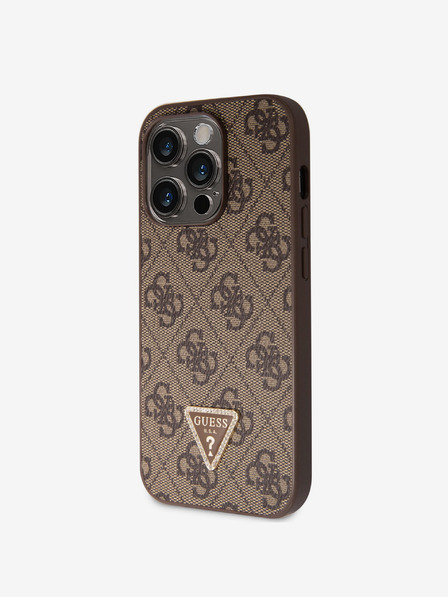 Guess PU 4G Strass Triangle Metal Logo Zadní Kryt pro iPhone 15 Pro Brown Ovitek za telefon