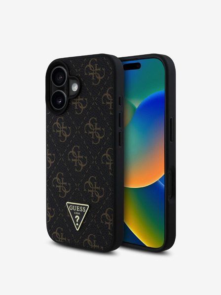 Guess PU Leather 4G Triangle Metal Logo Zadní Kryt pro iPhone 16 Black Ovitek za telefon