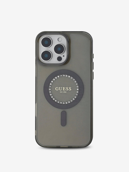 Guess IML Rhinestones Ring MagSafe Zadní Kryt pro iPhone 16 Pro Black Ovitek za telefon