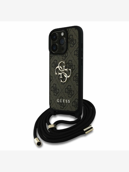 Guess PU 4G Metal Logo Crossbody Popruh Zadní Kryt pro iPhone 15 Pro Max Brown Ovitek za telefon