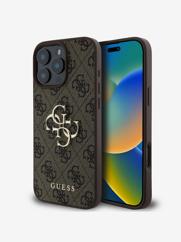 Guess PU 4G Metal Logo Zadní Kryt pro iPhone 16 Pro Brown Ovitek za telefon