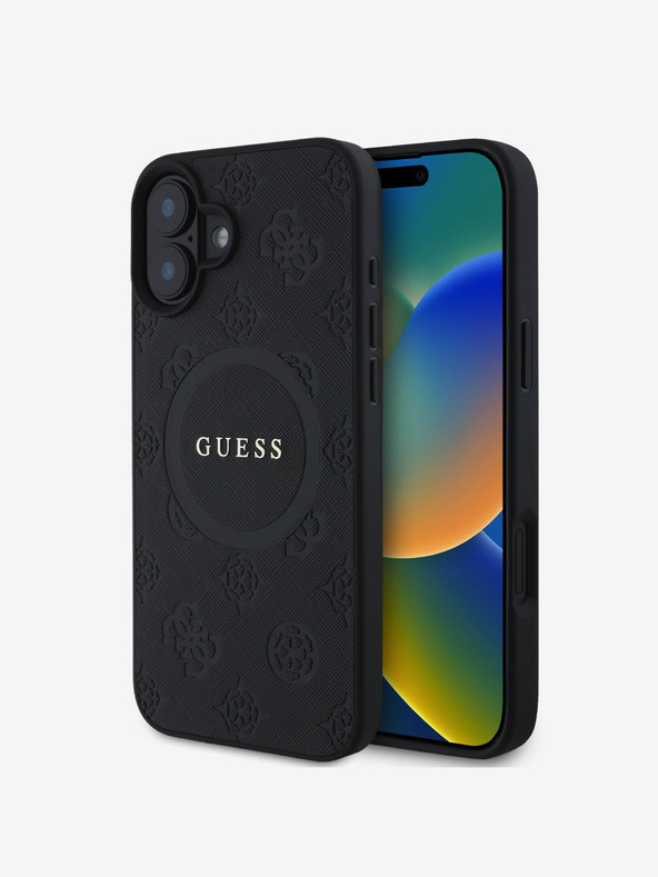 Guess Saffiano Peony Stamp MagSafe Zadní Kryt pro iPhone 16 Black Ovitek za telefon