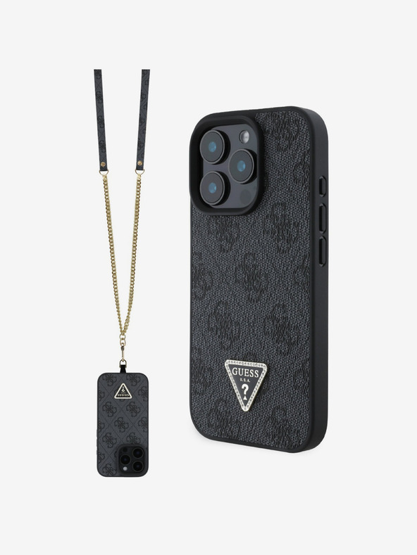 Guess PU 4G Strass Triangle Metal Logo Zadní Kryt + Crossbody Popruh pro iPhone 16 Pro Black Ovitek za telefon