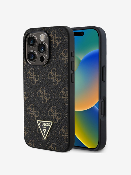 Guess PU Leather 4G Triangle Metal Logo Zadní Kryt pro iPhone 16 Pro Black Ovitek za telefon