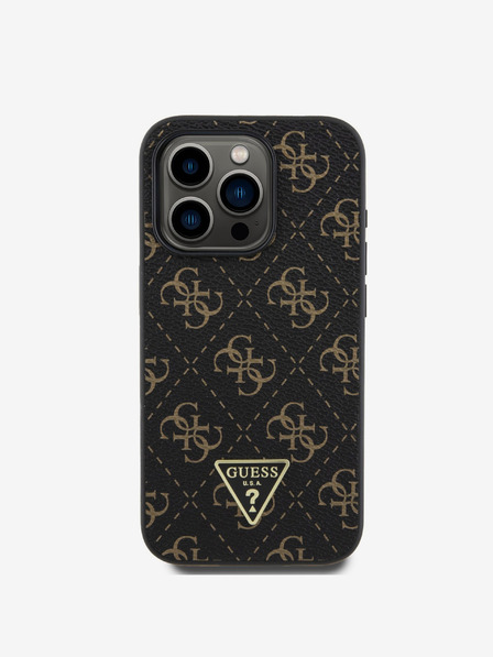 Guess PU Leather 4G Triangle Metal Logo Zadní Kryt pro iPhone 16 Pro Black Ovitek za telefon