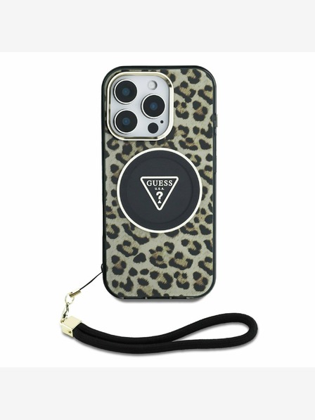 Guess IML Leopard Triangle Logo Strap MagSafe Zadní Kryt pro iPhone 16 Pro Max Brown Ovitek za telefon